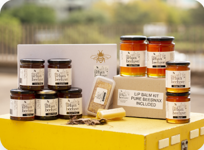 Urban Beehive honey supplies and beeswax on display for sale