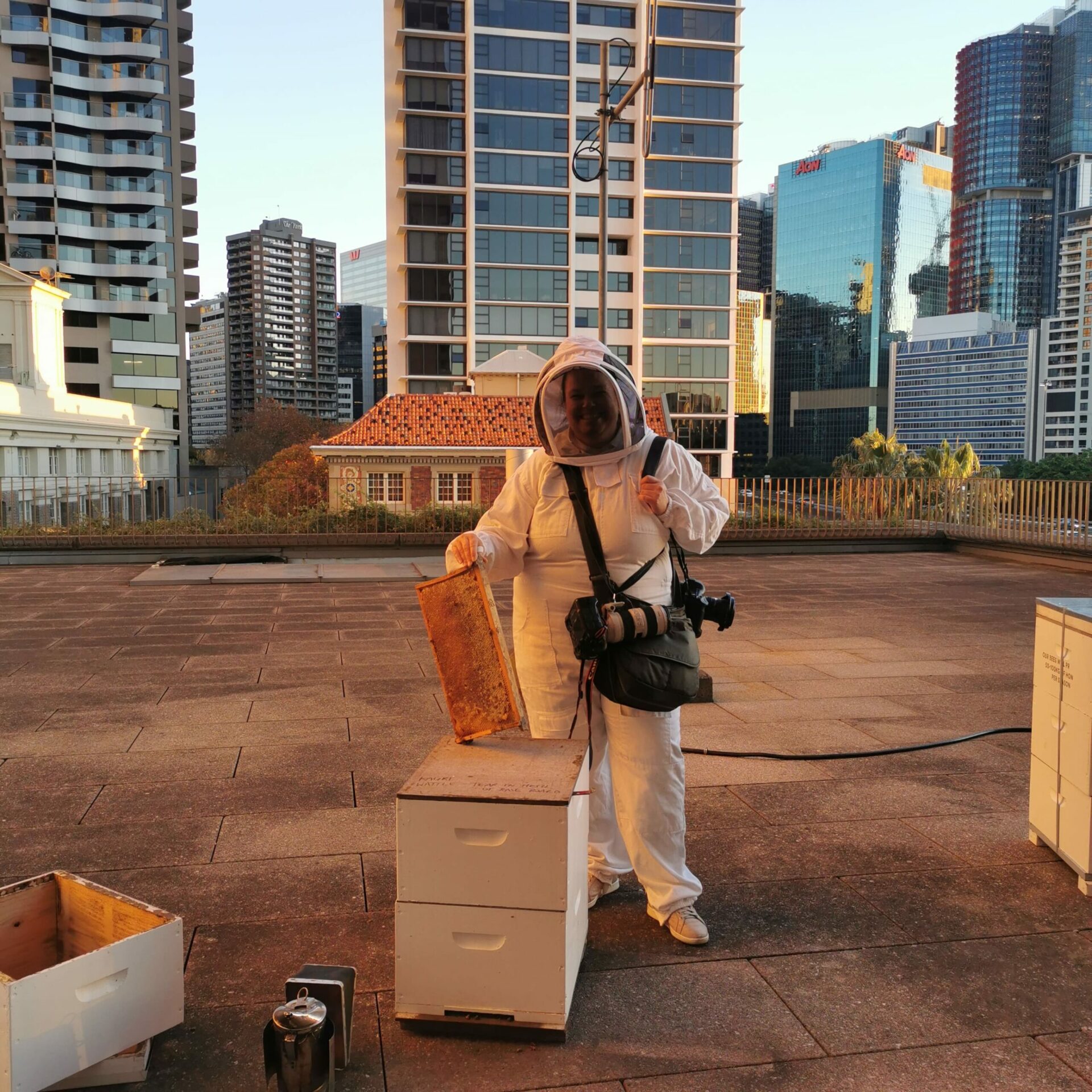 An Urban Beehive beekeeper tending to a rooftop hive in central Sydney